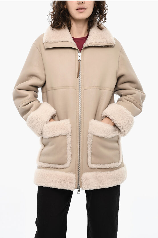 Woolrich Leather Harmony Coat With Sherpa Details In Neutral