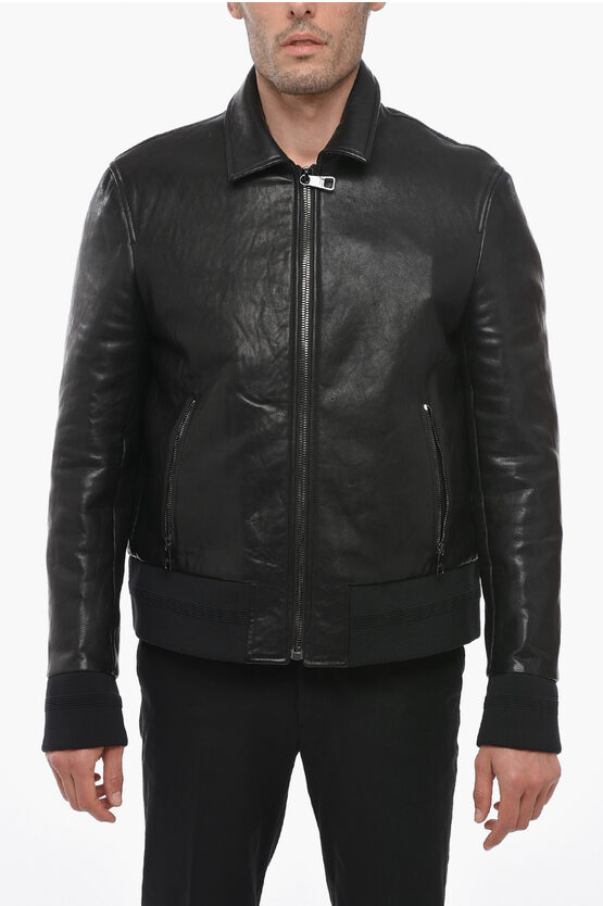 Shop Neil Barrett Leather Harringtone Jacket With Vintage Effect
