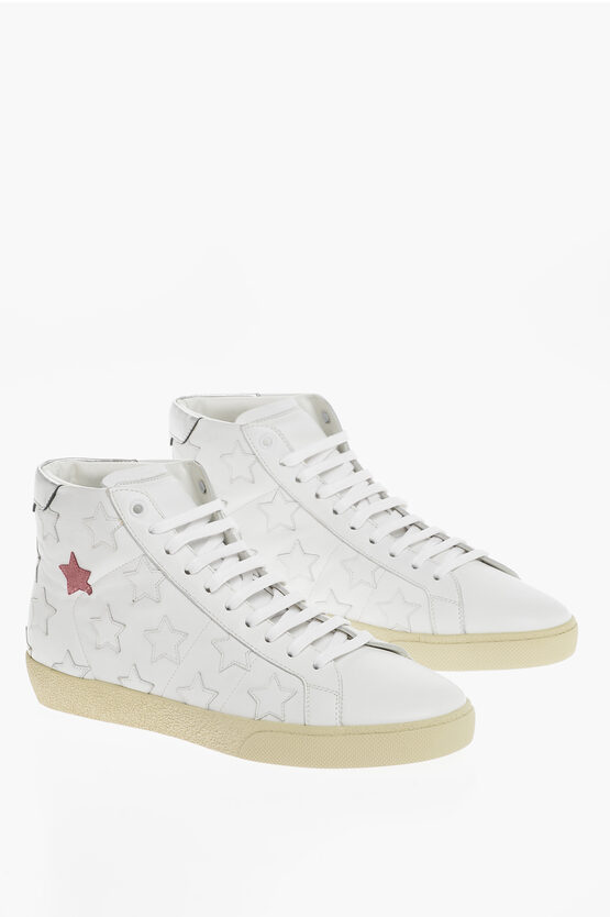 Saint Laurent Leather High-top Sneakers With Star Patches In White
