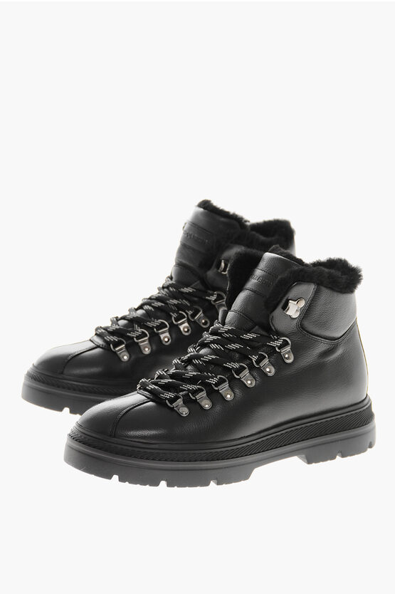 Woolrich Leather Hiking Booties With Shearling Lining In Black