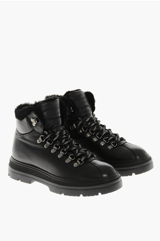 Woolrich Leather Hiking Booties With Shearling Lining In Black