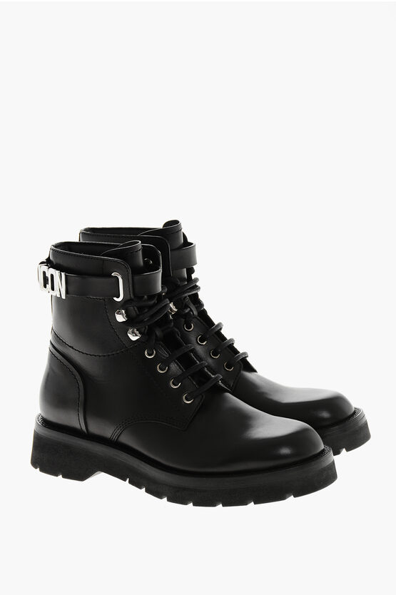 Dsquared2 Leather Icon Combat Booties With Inner Zip In Black