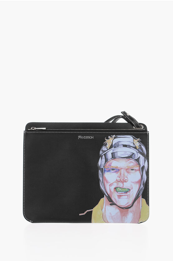 Jw Anderson Leather Illustration Pouch With Wrist Strap In Black