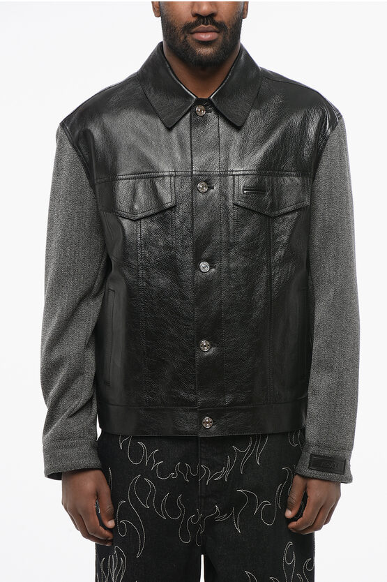Versace Leather Jacket With Fabric Sleeves And Back