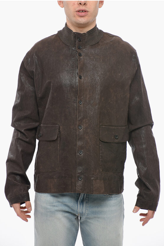 Still Us Leather Jacket With Knit Crewneck In Brown