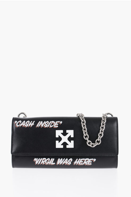 Off-white Leather Jitney Continental Wallet With Metal Chain And Iconi In Black