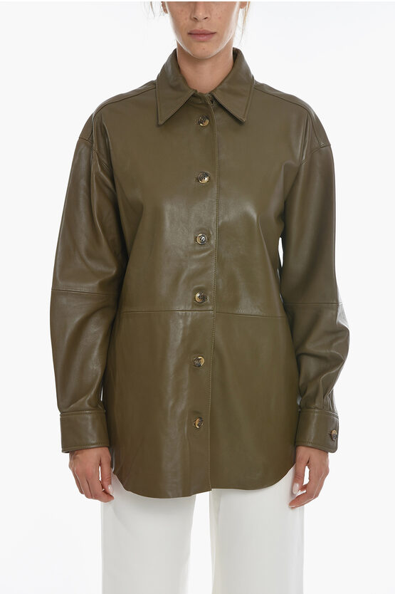 Samsoe & Samsoe Leather Keyla Overshirt With Contrast Buttons In Brown