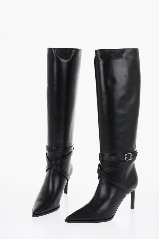 Celine Leather Knee-high Boots With Ankle Strap 8cm In Black