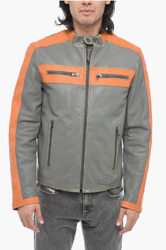 Shop Diesel Leather L-muse Padded Jacket With Vintage Effect