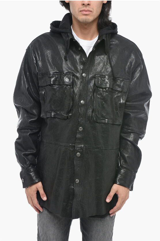 Shop Diesel Leather L-sphinx Jacket With Fleece Hood