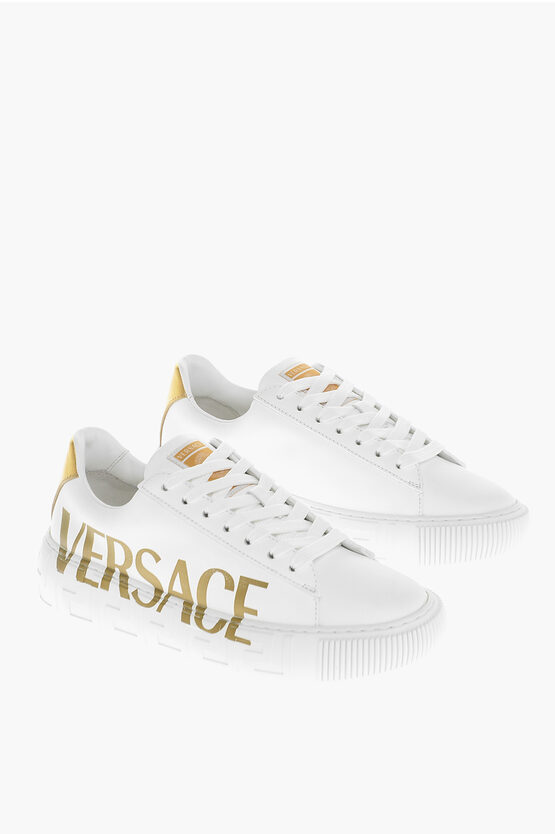 Shop Versace Leather La Greca Sneakers With Printed Logo