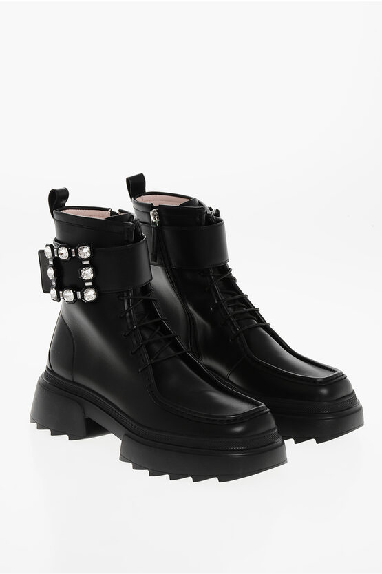 Roger Vivier Leather Lace-up Booties With Jeweled Buckle In Black