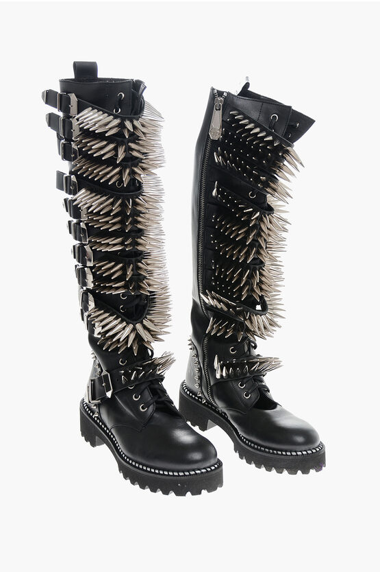 Philipp Plein Leather Lace-up Boots With All-over Studs 4.5cm In Black