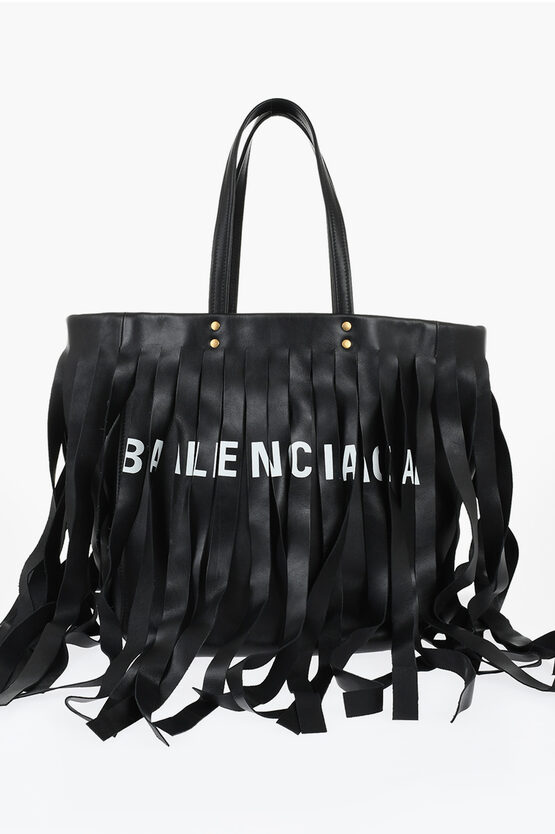 Balenciaga Leather Laundry Cabas Tote Bag With Fringes