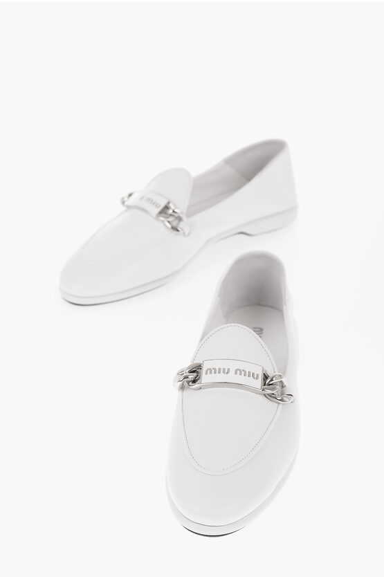 Shop Miu Miu Leather Loafers Wiith Plaque Detail