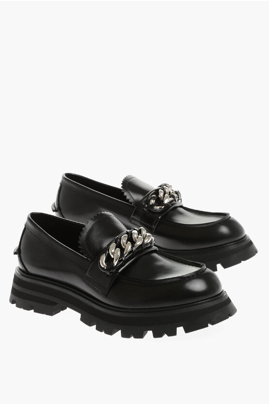 Alexander Mcqueen Leather Loafers With Chain Detail And Tank Soles In Black