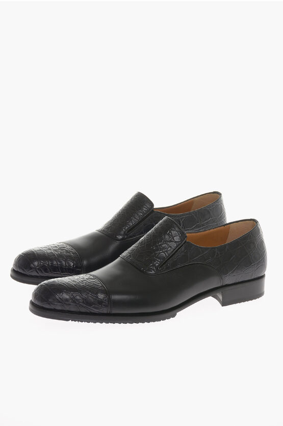 Shop Testoni Leather Loafers With Crocodile Details