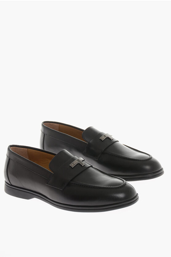 Shop Testoni Leather Loafers With Frontal Logo