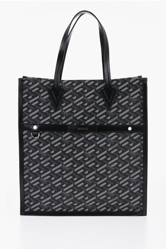 Shop Versace Leather Logoed Tote Bag With Removable Shoulder Strap