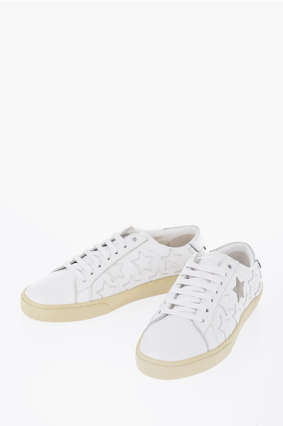 Saint Laurent Leather Low-top Sneaker With Star Embroidery In White
