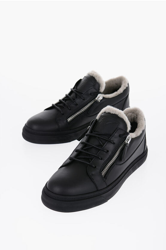 Shop Giuseppe Zanotti Leather Low Top Sneakers With Real Fur Inner