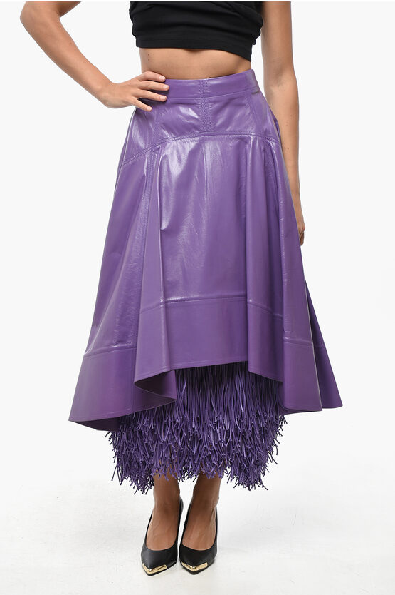 Bottega Veneta Leather Midi Skirt With Fringed Petticoat In Purple