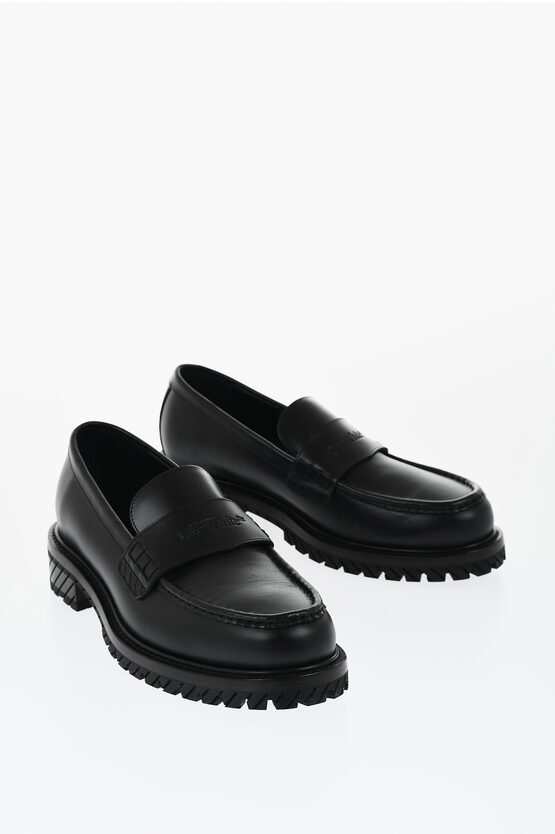 Off-white Stitch Detailed Leather Loafers For Men In Black In Black