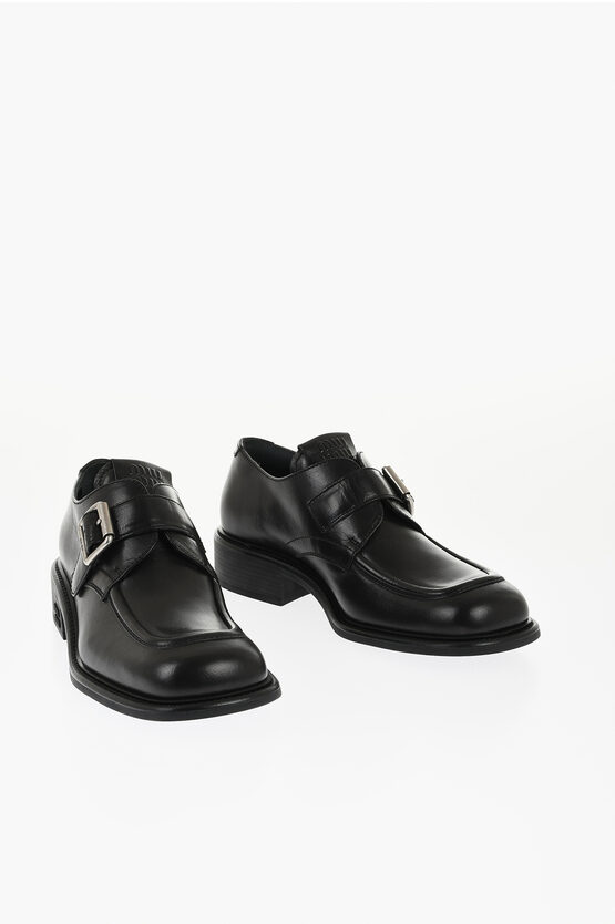 Miu Miu Leather Monk Strap Loafers With Rubber Sole In Black