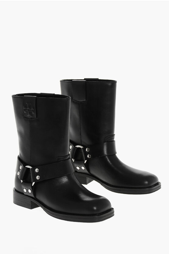 Tory Burch Leather Harness Short Biker Boots In Black