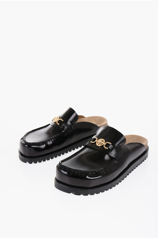 Versace Leather Mules With Golden Horsebite In Black