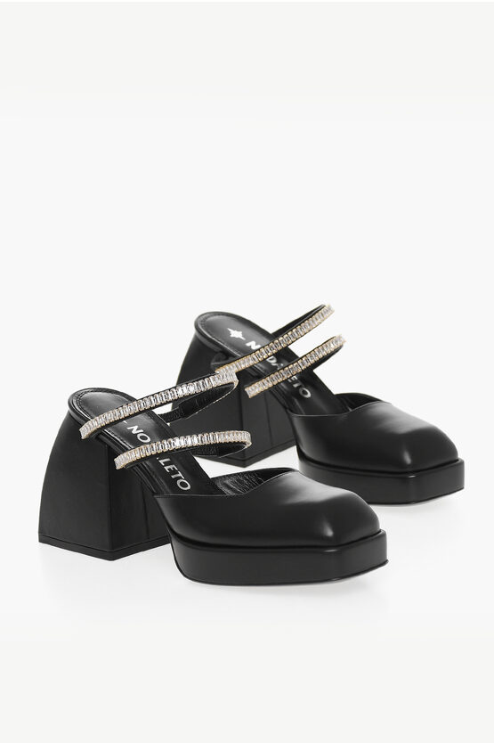 Nodaleto Leather Mules With Rhinestones Embelished Straps And Squared In Black