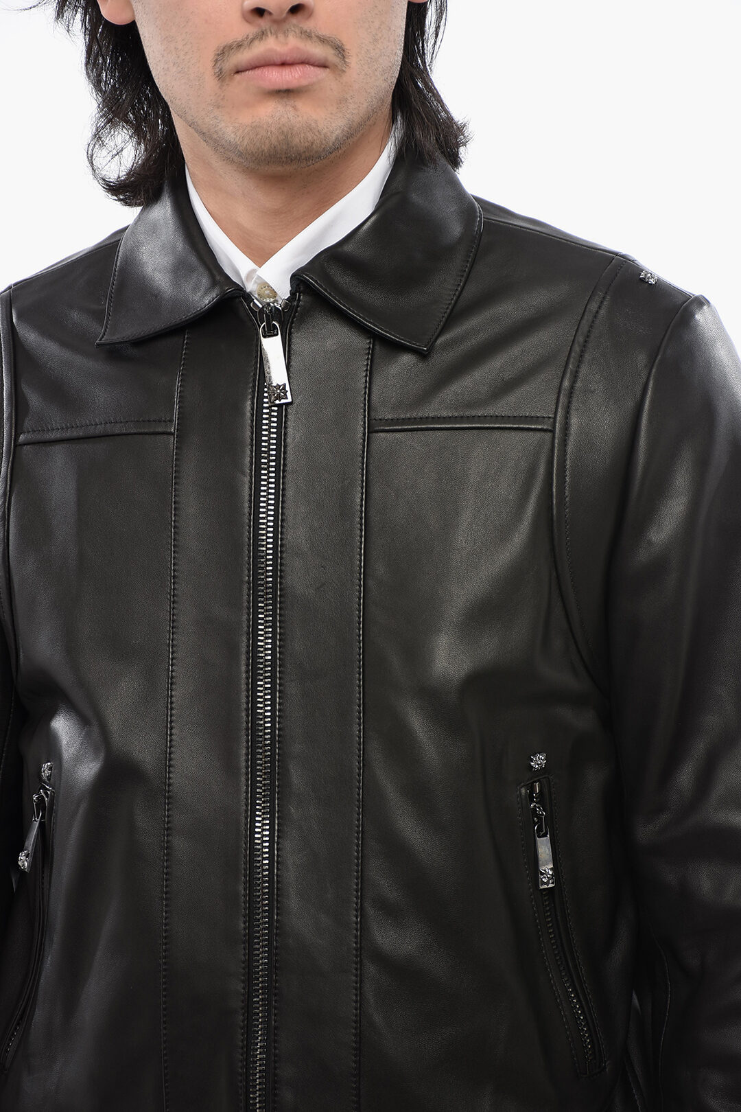 John Richmond Leather MUZAN Bomber Jacket With Stud Details