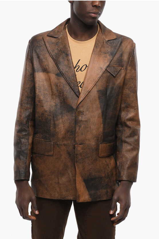 Baia Leather No Vent Peak Lapel 2-button Blazer In Brown