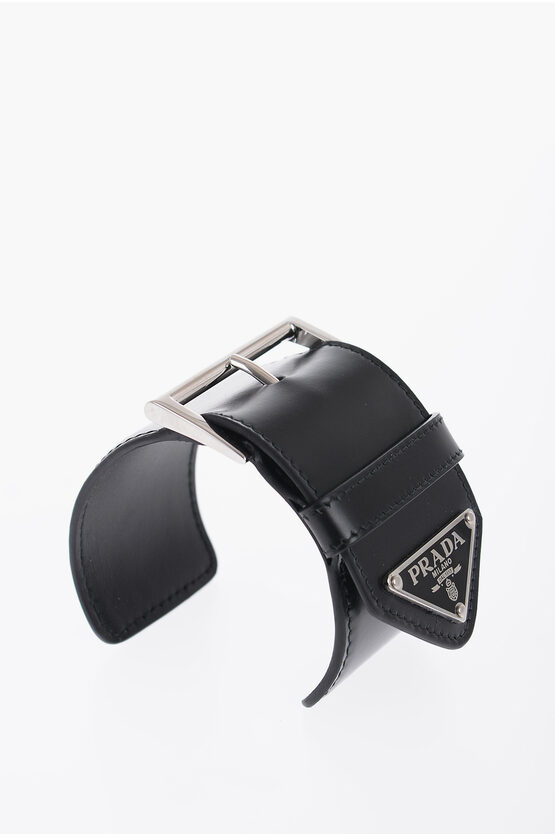 Shop Prada Leather Open Bangle Bracelet With Silver-tone Buckle