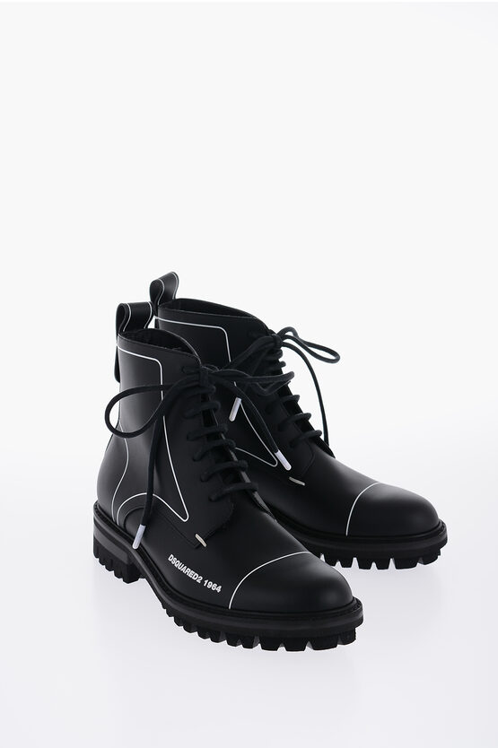 Dsquared2 Leather Outline Story Combat Boots With Contrast Trim In Black