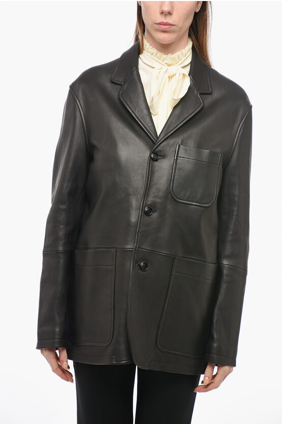 Ami Alexandre Mattiussi Leather Oversized Blazer With Patch Pockets In Black