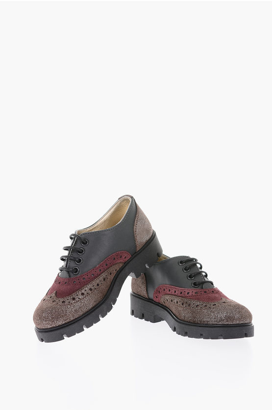 Monnalisa Leather Oxford Brogue With Glitter Details In Grey