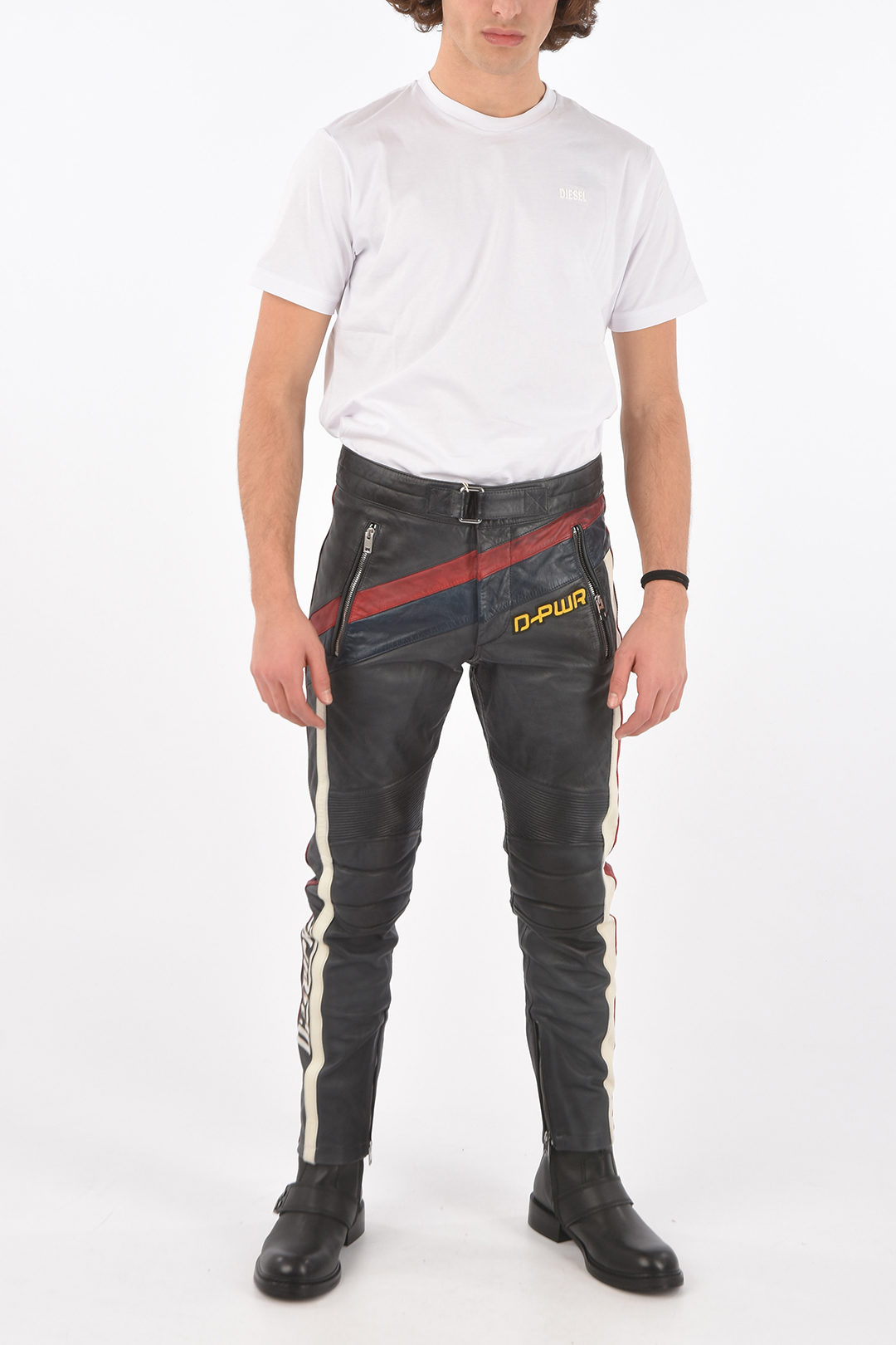Diesel leather P-POWER biker pants with ankle zip men - Glamood Outlet