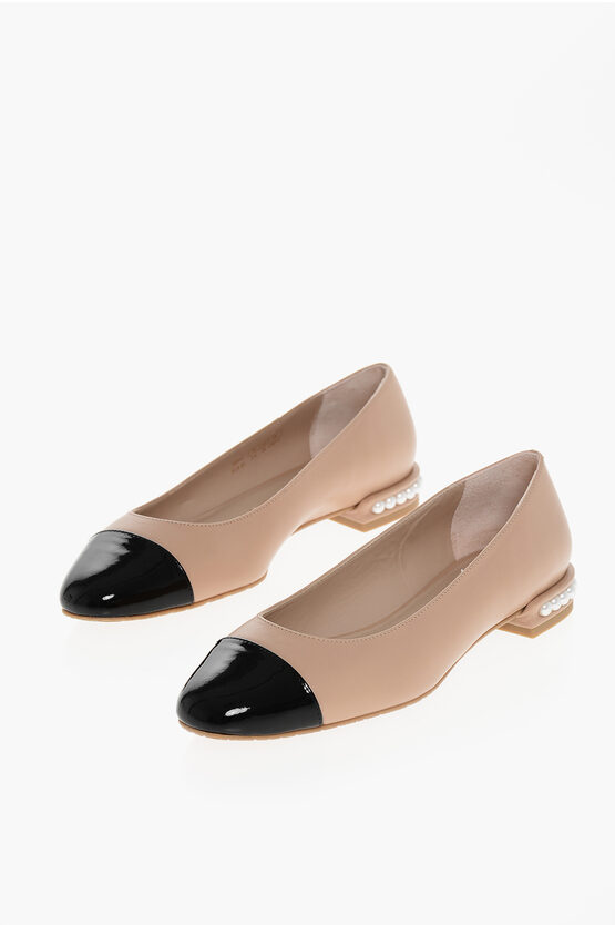 Stuart Weitzman Leather Pearl Ballet Flats With Patent Contrasting Toe In Neutral
