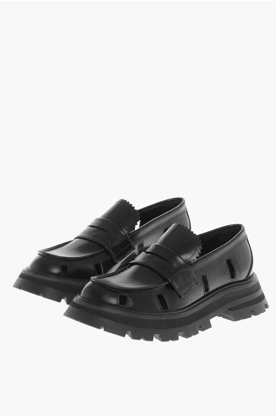 Shop Alexander Mcqueen Leather Penny Loafers With Cut-outs