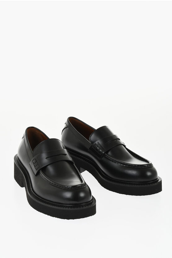 Valentino Leather Penny Loafers With Rubber Sole In Black