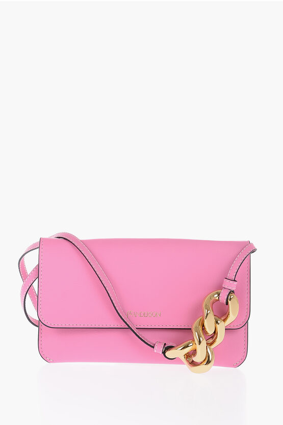 Jw Anderson Leather Phone Pouch Bag With Golden Chain In Pink
