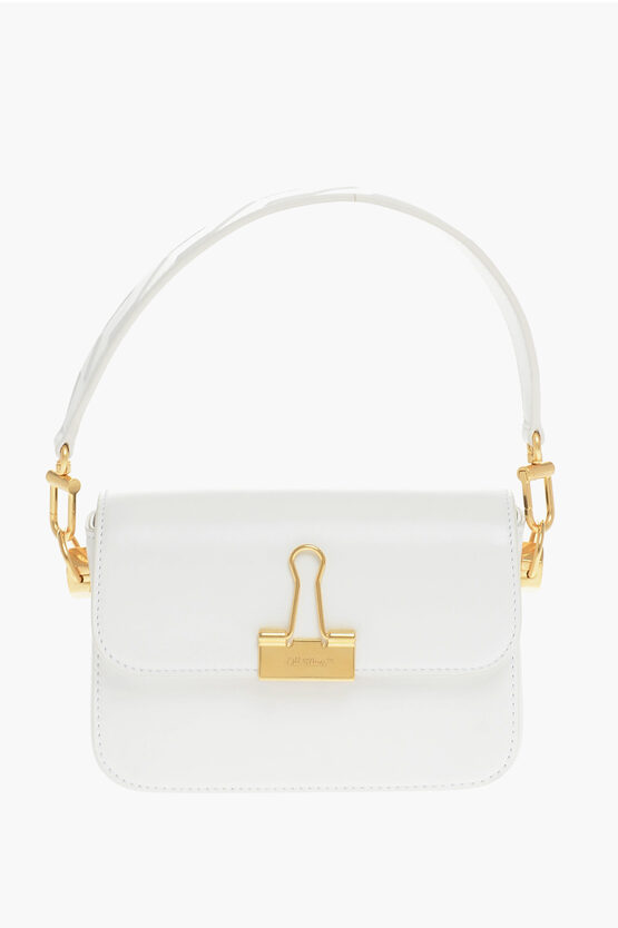 Off-white Leather Plain Binder Shoulder Bag With Golden Details In White