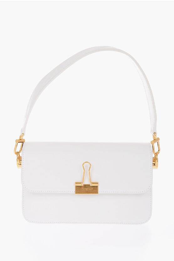 Off-white Leather Plain Binder Shoulder Bag With Golden Details In White