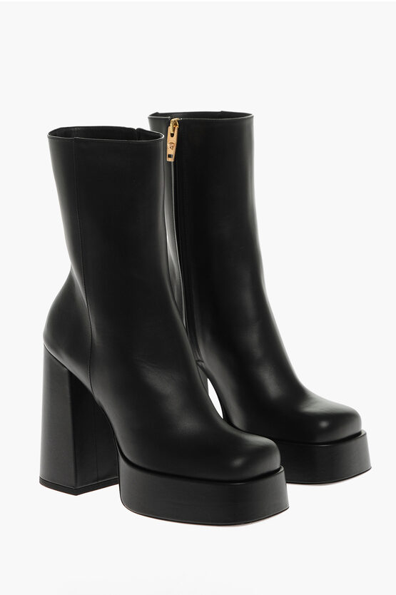 Shop Versace Leather Platform Booties With Inner Zip 13cm
