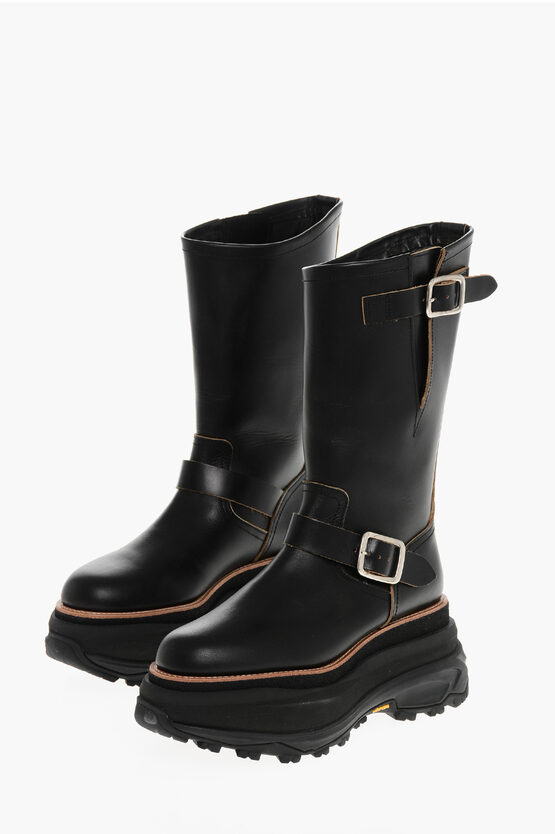 Sacai Leather Platform Boots With Vibram Sole In Black
