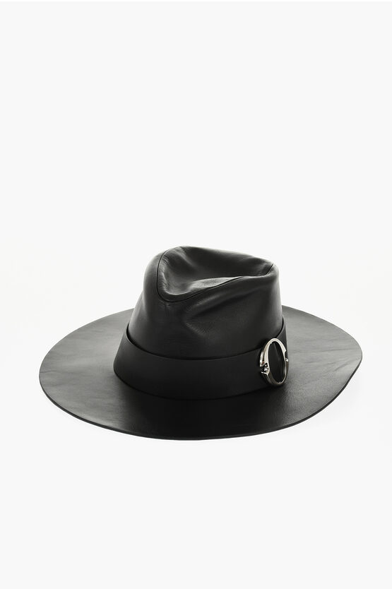 Alexander Mcqueen Leather Poem Fedora Hat With Meatl Frontal Detail In Black