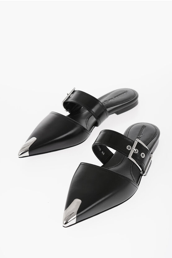 Shop Alexander Mcqueen Leather Pointed Mules With Buckle