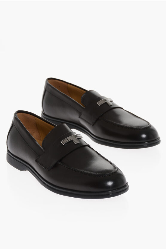 Shop Testoni Leather Portofino Loafers With Silver-tone Detail