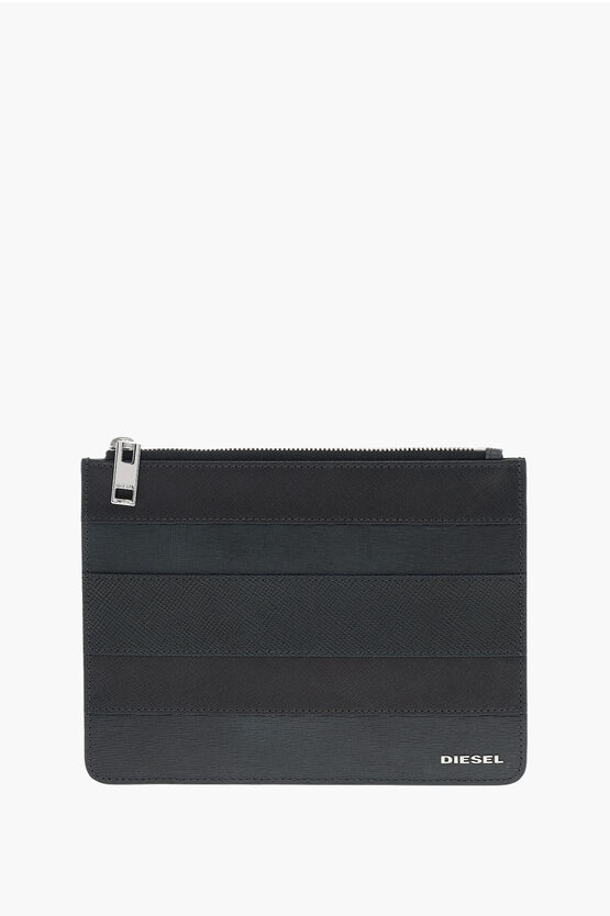 Diesel Leather Pouch With Metal Logo In Black